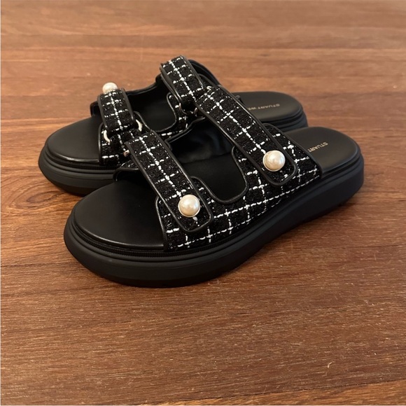 Stuart Weitzman Shoes - Stuart Weitzman Tweed Pearl Platform Slide Sandals Black White Size 7.5 NIB